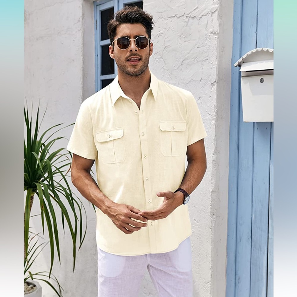 Mens Short Sleeve Shirt Linen Button Down Tees Spread Collar Plain Shirt